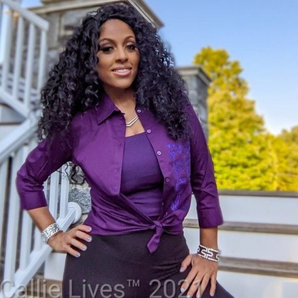 Elaine Professional Survivor: Purple Glitter Button Up Work Shirt purple black - Picture 10 of 16